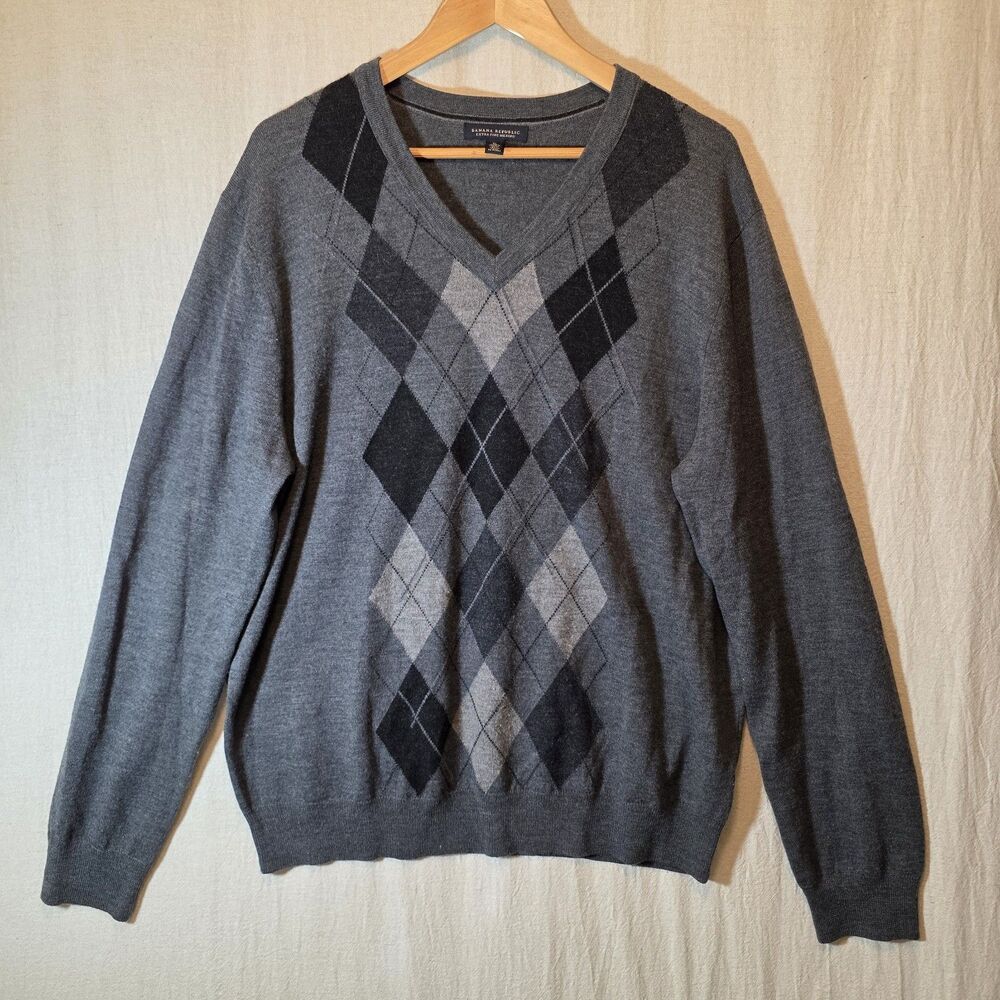 Banana Republic 100% Merino Wool Sweater Mens XL Grey Argyle Extra Fine Italian